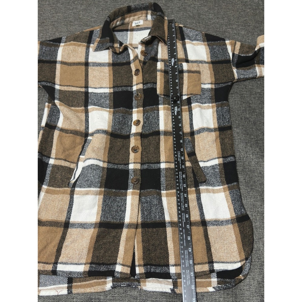 BKE Womens Small Shacket Brown Plaid Long Sleeve Button Up Flannel Shirt Jacket - Picture 2 of 7
